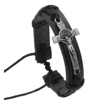 Pulsera Con Dije De Cruz, Cuero Y Acero Inoxidable