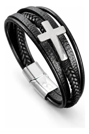 Pulsera Con Dije De Cruz Cuero Y Acero Titanio